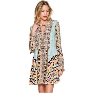 Free People Tegan Border Printed Mini Dress In Blue Combo Size 0